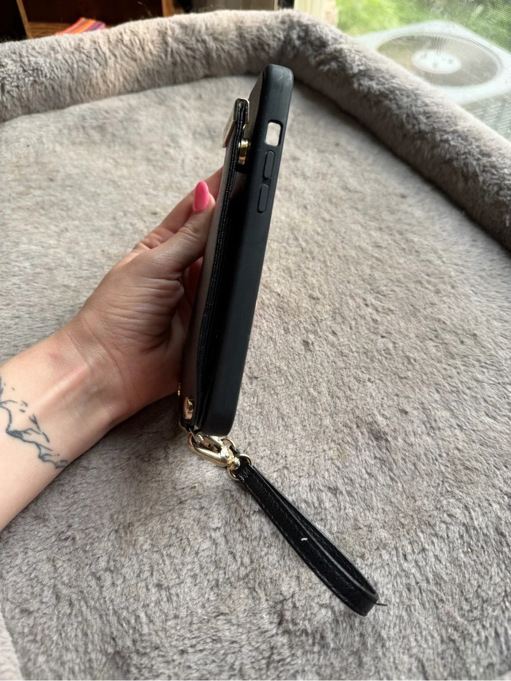 iPhone 13 Pro Max Black Leather Wristlet Phone Wallet Case with Gold Accents